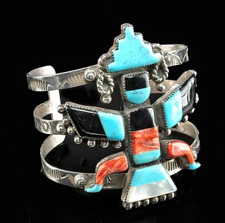 20th C. Zuni Silver, Coral, & Turquoise Cuff Bracelet