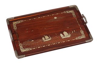 A Chinese wood tray with silver inlay