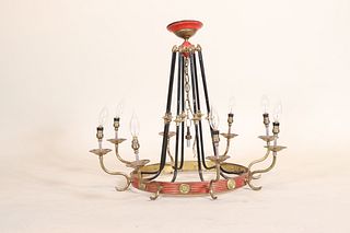 Black-Red and Brass Eight-Light Chandelier