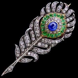 IMPORTANT ANTIQUE VICTORIAN DIAMOND, EMERALD AND SAPPHIRE FEATHER BROOCH