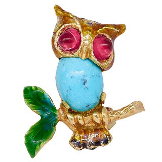 TURQUOISE AND ENAMEL OWL BROOCH