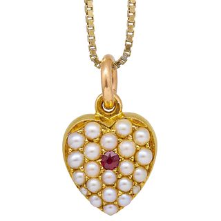 ANTIQUE RUBY AND PEARL HEART PENDANT