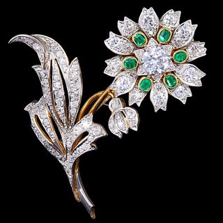 EMERALD AND DIAMOND FLORAL BROOCH
