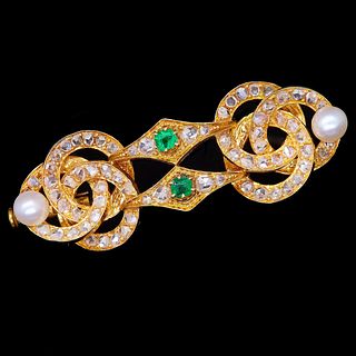 ANTIQUE EMERALD, DIAMOND AND PEARL BROOCH
