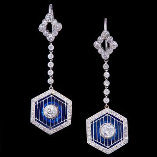 PAIR OF DIAMOND AND PLIQUE A JOUR DROP EARRINGS