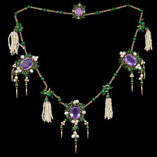 FROMENT MEURICE (Attrib. to). IMPORTANT ENAMEL PEARL AND AMETHYST NECKLACE
