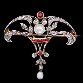 ANTIQUE ART-NOUVEAU DIAMOND RUBY AND PEARL BROOCH