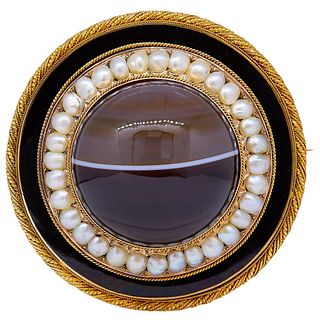 ANTIQUE VICTORIAN BANDED AGATE, PEARL AND ENAMEL BROOCH