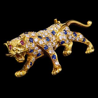 SAPPHIRE DIAMOND AND RUBY PANTHER BROOCH