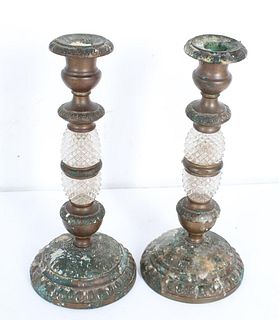 Pair of Antique Brass & Glass Candlesticks