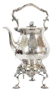 Antique Engraved Silver Plated Kettle on Stand