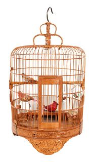 Chinese Carved Bird Cage w/ Porcelain Feeders