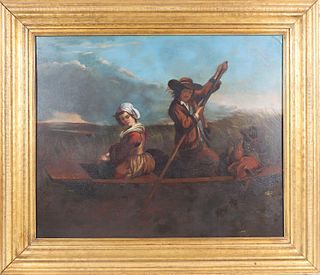 19th C. Boating Scene w Couple, Oil on Copper