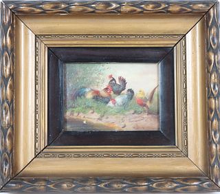Early European Hens & Rooster, Signed Oil on Panel
