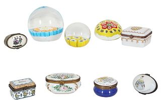 (9) Millefiori Paperweights & Porcelain Containers