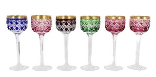 Set of (6) Bohemian Colored Crystal Wine Glasses