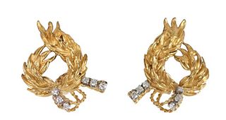 Pair of 18 K Gold Wreath Style Earrings