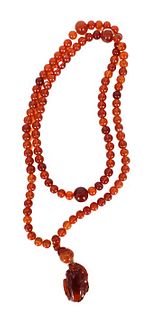 Amber Beaded Necklace w Carved Pendant