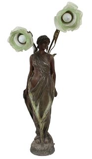 Art Nouveau French Spelter Newel Post Lamp