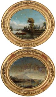 Pair of Gilt Oval Framed Landscape Paintings