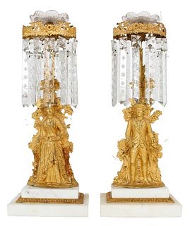 19th C Ornate Figural Crystal Drop Candlesticks