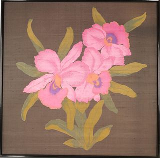 Framed Painting of Orchids on Silk