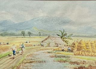 Rice Harvest, Signed Watercolor