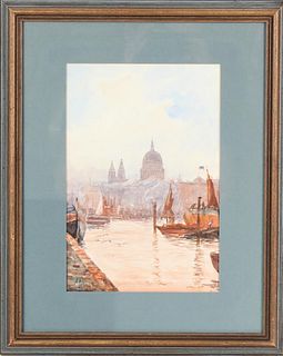 Thames River, London, Signed Watercolor