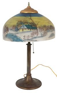 Handel Lamp, Reverse-Painted Landscape