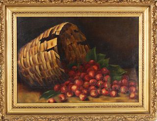 Antique Oil on Canvas, Basket w Cherries