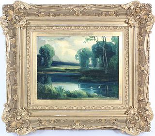 American School - Early 20th C Landscape w Pond