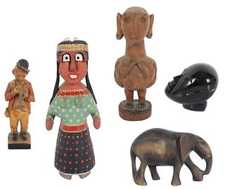 Collection of Five Wood & Stone Folk Art Carvings