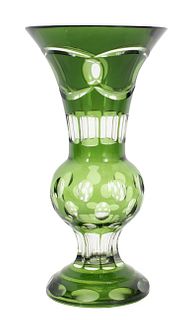 Large Green Cut to Clear Glass Vase