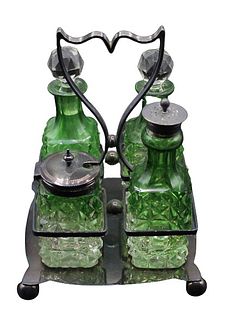 Eng. Green Cut to Clear Glass Condiment Set 1900s