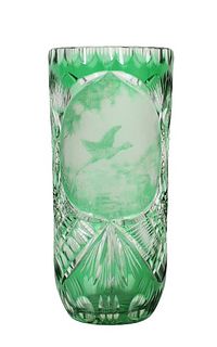 Bohemian Green Cut to Clear Crystal Vase