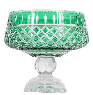 Large Green Cut to Clear Pedestal Bowl