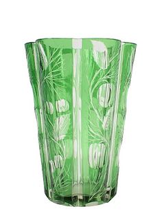 Antique Green Cut to Clear Glass Vase