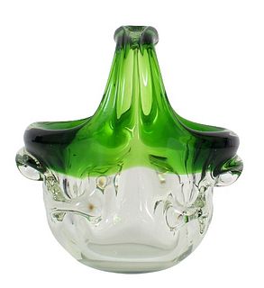 Antique Green Glass Embossed Basket/Vase
