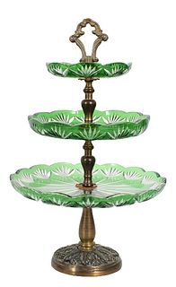 Green Cut to Clear 3-Tiered Candy Dish/Platter