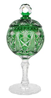 Green Cut to Clear Glass Pedestal Lidded Urn