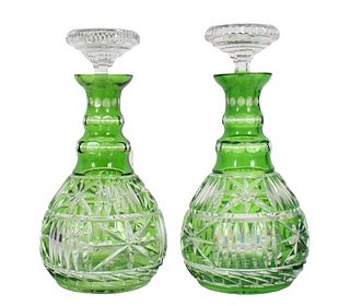 Pair of Green Cut to Clear Glass Decanters