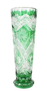 Tall Green Cut to Clear Glass Vase