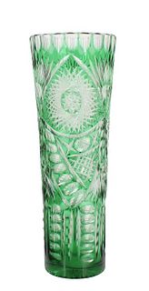 Bohemian Green Cut to Clear Tall Glass Vase