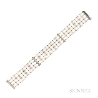18kt White Gold, Cultured Pearl, and Diamond Bracelet