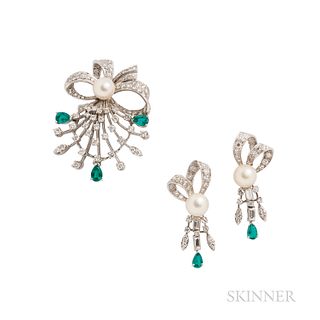 14kt White Gold, Emerald, Cultured Pearl, and Diamond Brooch and Earrings