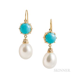 18kt Gold, Cultured Pearl, and Turquoise Earrings