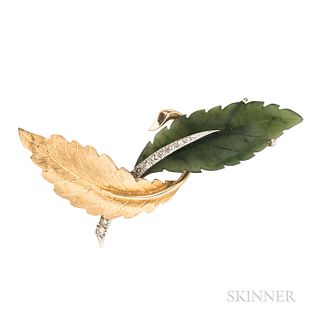 14kt Gold, Nephrite, and Diamond Leaf Brooch