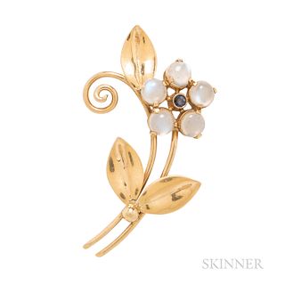 Tiffany & Co. Retro 14kt Gold and Moonstone Flower Brooch