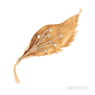 14kt Gold and Diamond Leaf Brooch