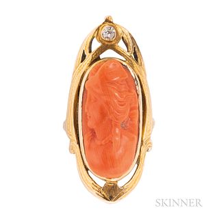 Art Nouveau Gold and Coral Cameo Ring